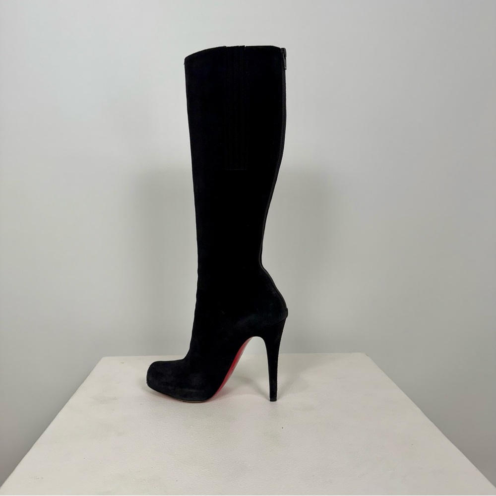 Christian Louboutin Knee High Suede Black Boots with zipper on back.